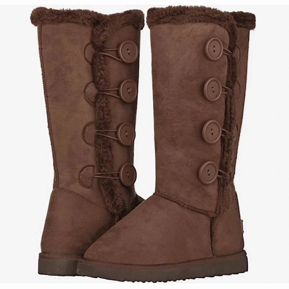 Winter Snow Cozy Brown Button-Up Girls Boots
